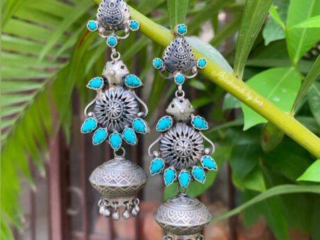 92.5 Silver Turquoise Stone Floral Design Jhumki