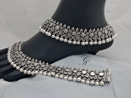 Floral Motif Antique Silver Anklet in 92.5 Hallmarked Silver